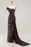 One Shoulder Sheath Blush Floral Print Long Ball Dress with Train