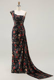 One Shoulder Sheath Blush Floral Print Long Ball Dress with Train