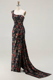 One Shoulder Sheath Blush Floral Print Long Ball Dress with Train