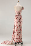 One Shoulder Sheath Blush Floral Print Long Ball Dress with Train