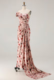 One Shoulder Sheath Blush Floral Print Long Ball Dress with Train