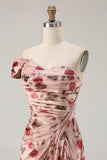 One Shoulder Sheath Blush Floral Print Long Ball Dress with Train