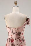 One Shoulder Sheath Blush Floral Print Long Ball Dress with Train