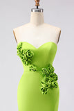 Green Mermaid Strapless 3D Flowers Maxi Dress with Slit