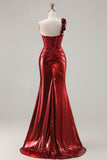 Metallic Burgundy One Shoulder Mermaid Side Slit Long Ball Dress with 3D Flowers