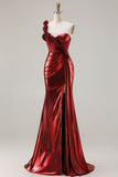 Metallic Burgundy One Shoulder Mermaid Side Slit Long Ball Dress with 3D Flowers