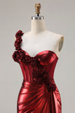 Metallic Burgundy One Shoulder Mermaid Side Slit Long Ball Dress with 3D Flowers