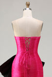 Strapless Fuchsia A-Line Convertible Satin Long Ball Dress with Large Bow