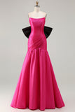 Strapless Fuchsia A-Line Convertible Satin Long Prom Dress with Large Bow