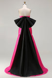 Strapless Fuchsia A-Line Convertible Satin Long Ball Dress with Large Bow