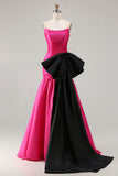 Strapless Fuchsia A-Line Convertible Satin Long Ball Dress with Large Bow