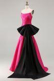 Strapless Fuchsia A-Line Convertible Satin Long Ball Dress with Large Bow