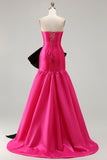 Strapless Fuchsia A-Line Convertible Satin Long Ball Dress with Large Bow