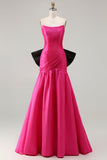 Strapless Fuchsia A-Line Convertible Satin Long Ball Dress with Large Bow