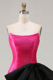 Strapless Fuchsia A-Line Convertible Satin Long Ball Dress with Large Bow