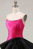 Strapless Fuchsia A-Line Convertible Satin Long Ball Dress with Large Bow