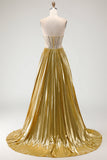 Metallic Golden Strapless Pleated A-Line Beaded Corset Long Prom Dress with Slit