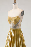 Metallic Golden Strapless Pleated A-Line Beaded Corset Long Prom Dress with Slit