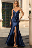 Navy Mermaid Strapless Corset Ruched Beaded Long Prom Dress with Bow