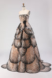 Sparkly Black Apricot Strapless A Line Sequin Tiered Princess Long Ball Dress