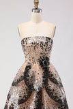 Sparkly Black Apricot Strapless A Line Sequin Tiered Princess Long Ball Dress