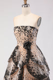 Sparkly Black Apricot Strapless A Line Sequin Tiered Princess Long Ball Dress