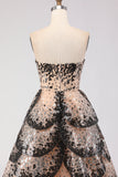 Sparkly Black Apricot Strapless A Line Sequin Tiered Princess Long Ball Dress