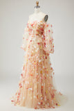 Champagne Strapless A Line 3D Flowers Plus Size Long Prom Dress with Removable Sleeves