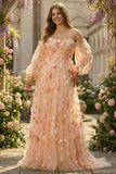 Champagne Strapless A Line 3D Flowers Plus Size Long Prom Dress with Removable Sleeves