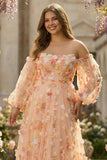 Champagne Strapless A Line 3D Flowers Plus Size Long Prom Dress with Removable Sleeves