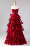 Sparkly Princess Burgundy Sweetheart Fringed Sequin Long Ball Dress with Ruffles