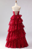 Sparkly Princess Burgundy Sweetheart Fringed Sequin Long Ball Dress with Ruffles