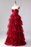 Sparkly Princess Burgundy Sweetheart Fringed Sequin Long Ball Dress with Ruffles
