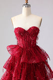 Sparkly Princess Burgundy Sweetheart Fringed Sequin Long Ball Dress with Ruffles