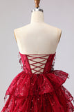 Sparkly Princess Burgundy Sweetheart Fringed Sequin Long Ball Dress with Ruffles