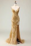 Golden Mermaid Sweetheart Beaded Long Ball Dress with Slit