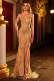 Golden Mermaid Sweetheart Beaded Long Ball Dress with Slit