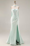 Light Green Strapless Mermaid Corset Side Slit Maxi Dress with a Neck Scarf