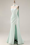 Light Green Strapless Mermaid Corset Side Slit Maxi Dress with a Neck Scarf