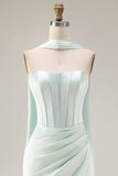 Light Green Strapless Mermaid Corset Side Slit Maxi Dress with a Neck Scarf