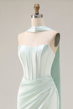 Light Green Strapless Mermaid Corset Side Slit Maxi Dress with a Neck Scarf