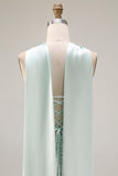 Light Green Strapless Mermaid Corset Side Slit Maxi Dress with a Neck Scarf