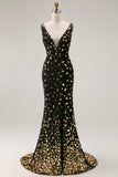 Black Golden Sequin Mermaid V Neck Open Back Long Ball Dress with Slit