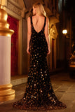 Black Golden Sequin Mermaid V Neck Open Back Long Ball Dress with Slit