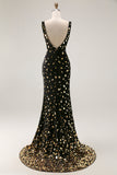 Black Golden Sequin Mermaid V Neck Open Back Long Ball Dress with Slit