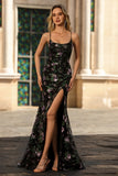 Black Mermaid Sequins Floral Lace Up Back Long Ball Dress with Slit