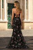 Black Purple Floral Mermaid Sequins Embroidered Long Prom Dress with Slit