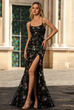 Black Purple Floral Mermaid Sequins Embroidered Long Prom Dress with Slit