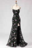 Black Mermaid Sequins Floral Lace Up Back Long Ball Dress with Slit