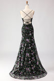 Black Mermaid Sequins Floral Lace Up Back Long Ball Dress with Slit